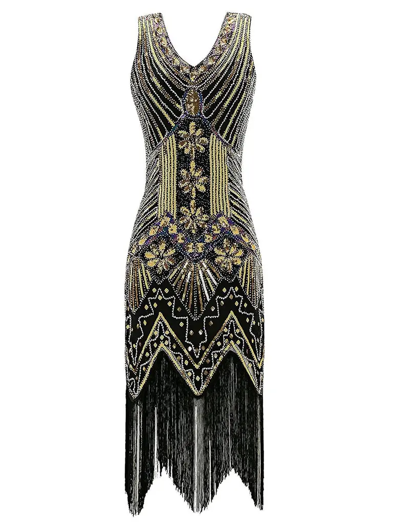 RETRO STAGE Women's 1920s Gold Sequin Flapper Dress, Sleeveless Tiered Fringe Dancewear for Cocktail Parties