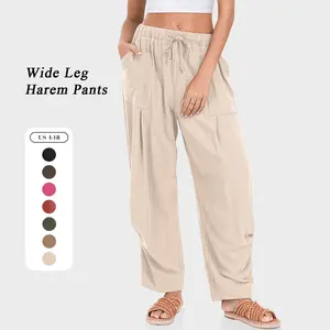TARSE Womens Linen Wide Leg Harem Pants Drawstring Casual Minimalist Travel Trousers with Pockets Boho Baggy Barrel Beach Vacation Pants