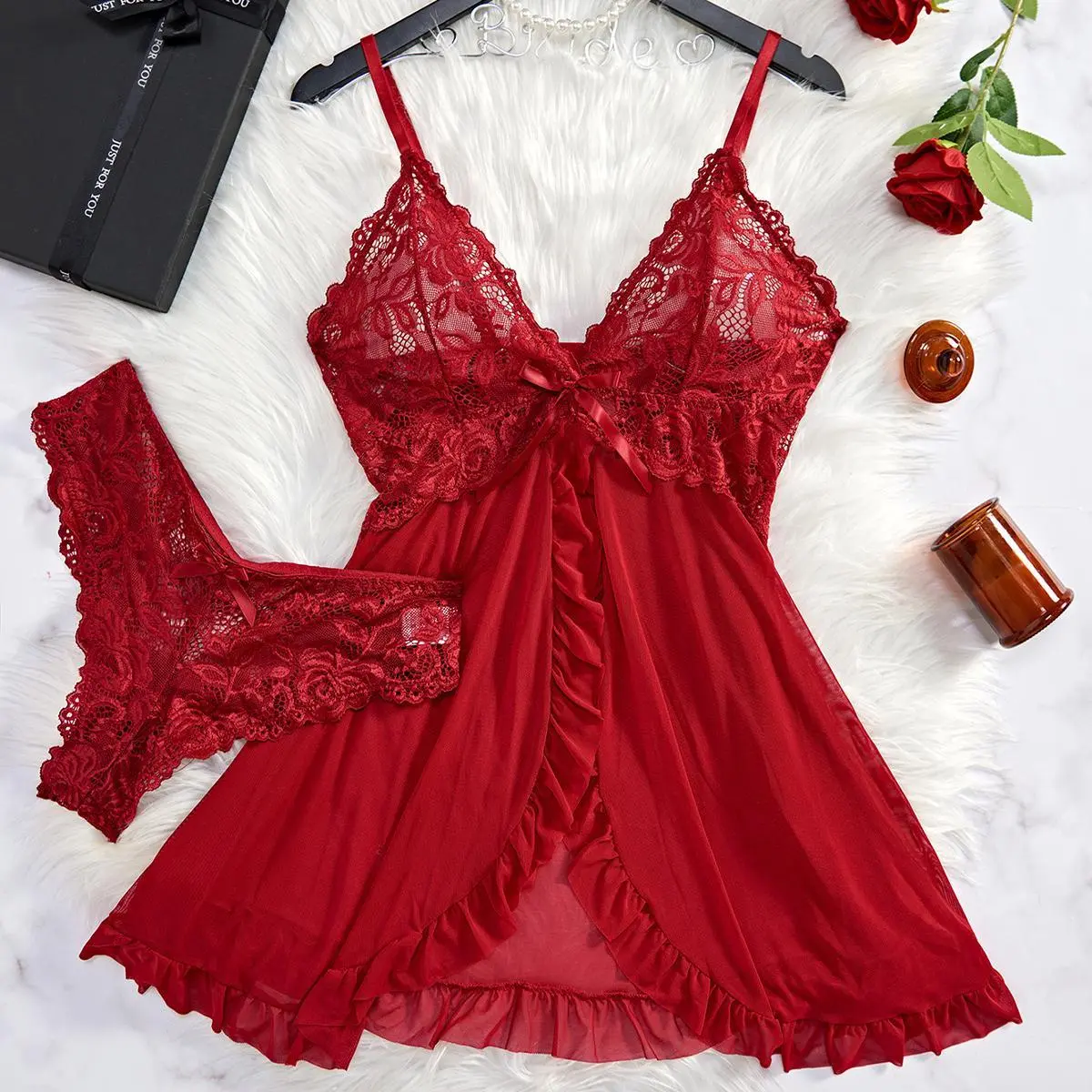 Women's Sexy Red Lace Lingerie Set, Elegant Sleeveless See-Through Nightgown and Panty, 2-Piece Sleepwear, Elegant Sleeveless Nightgown, Night Gown