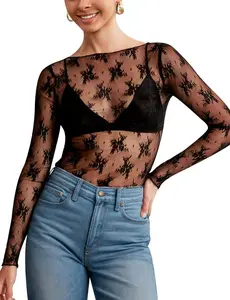 LOMON Womens    Top Long Sleeve Boat Neck Tops Embroidery  Blouse Sexy See Through Shirt Mesh Top S-XL Womenswear Underwear Lady Comfort Longsleeves Crewneck Longsleeves Crewneck sheer lace