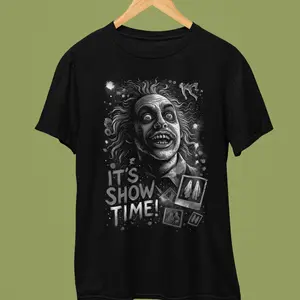 Its Showtime Beetlejuice Halloween Tshirt - Black Graphic Tee for Movie Fans
