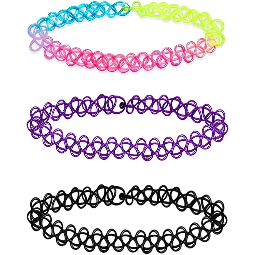 3PCS Black Tattoo Choker Necklace Rainbow Tattoo Chokers Necklace Purple Tattoo Choker 90s Chokers Gothic Y2K 2000s Collar Adjustable Stretchy Elastic Necklace Jewelry Gift for Women
