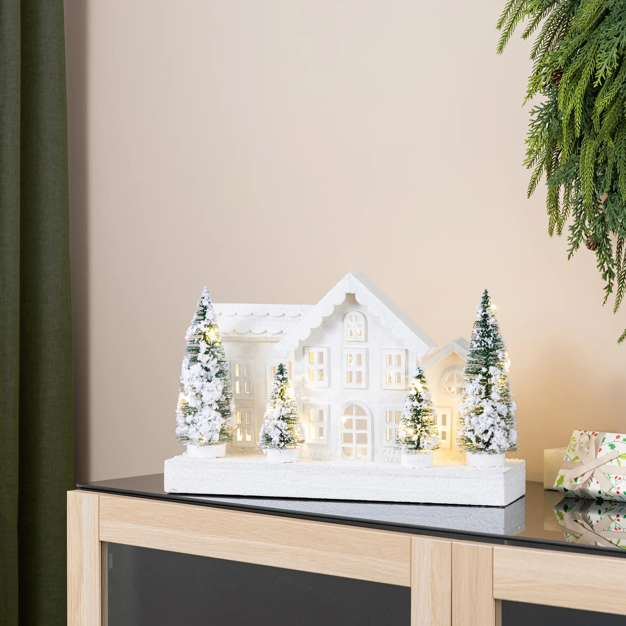 Glitzhome 16in Lighted Magical Traditional Christmas Wooden Snowed Villages, Decorative Indoor Table Decor with Frosted Tree Christmas Accent, Frosted Tree Christmas Decor, Christmas Decorations