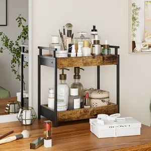 KLM Countertop Coffee Station Organizer, 2 Tier Wooden Shelf for Coffee Bar Accessories, Condiment Storage Caddy for Kitchen, Bathroom Counter Organizer, Home, Office - Brown wooden shelf