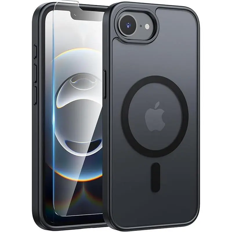 iPhone 16e Phone Case, Magnetic Compatible Translucent Matte Cover with Screen Protection, Slim Anti-Scratch Design – Black