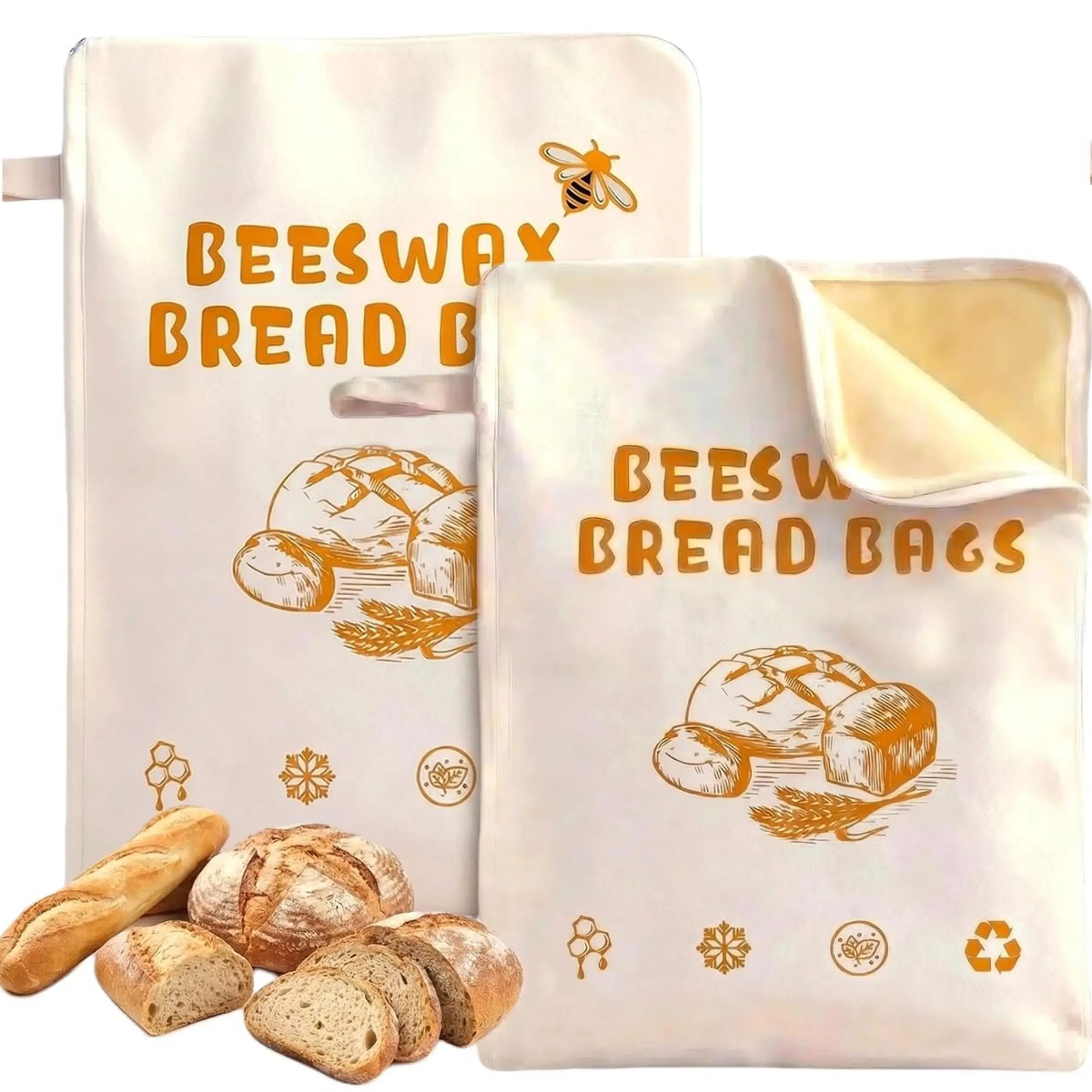 2 Pack Reusable Beeswax Bread Bags, Extra Large Zip Top Storage Bags, Resealable Waterproof Packing Pouch with Natural Eco-Friendly Lining for Homemade Sourdough Artisan Loaves, Yellow, Reusable Packing Storage Bags
