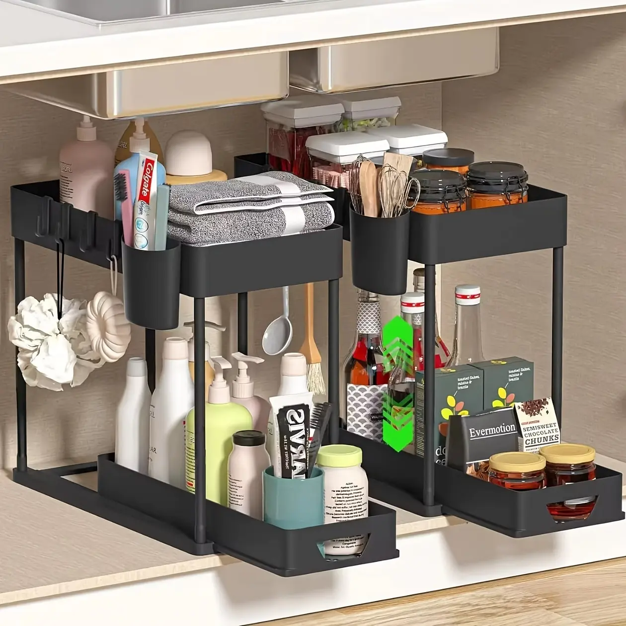 Durable Double Tier 2-Layer ABS Material Drawer Home Supplies Organizer Rack - Freestanding Compact with Side Hooks, Countertop Vanity Organizer, Under Sink Caddy, Bathroom