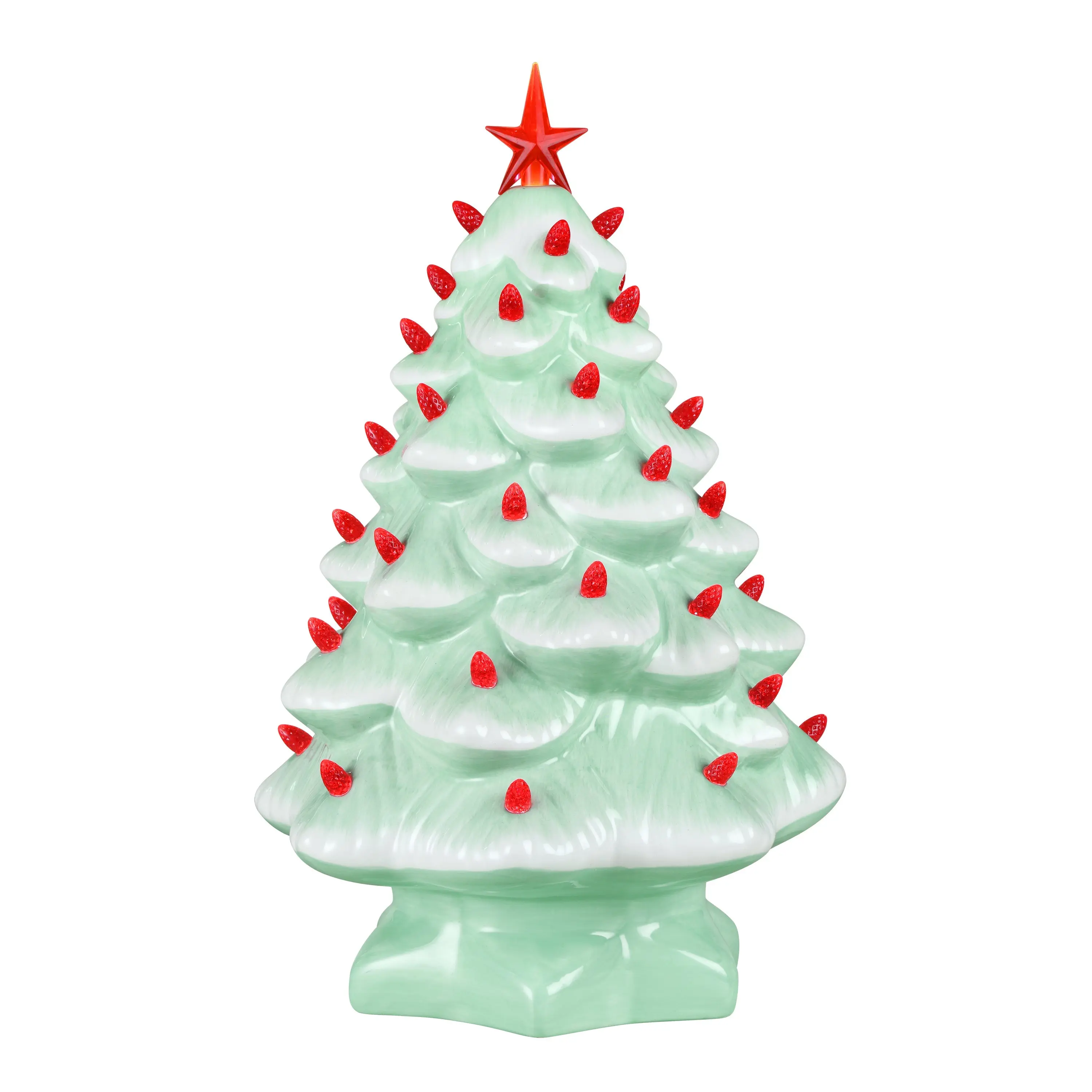 14 in. Vintage Nostalgic Ceramic Christmas Tree - Seafoam with Red Bulbs, Battery Powered Ornament with LED Lights, Star Accent, 8.5" W x 8.5" D x 14" H Home Festive Decoration