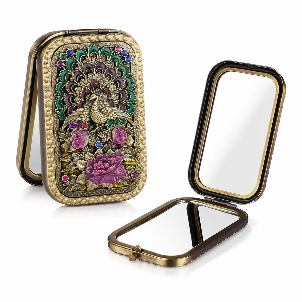 Vintage Peacock Compact Mirror, Antique Gold Double-Sided Folding Pocket Mirror with 1X Regular Mirror & 2X Magnifying Mirror, Portable Metal Makeup Mirror for Purse Travel Gift for Women