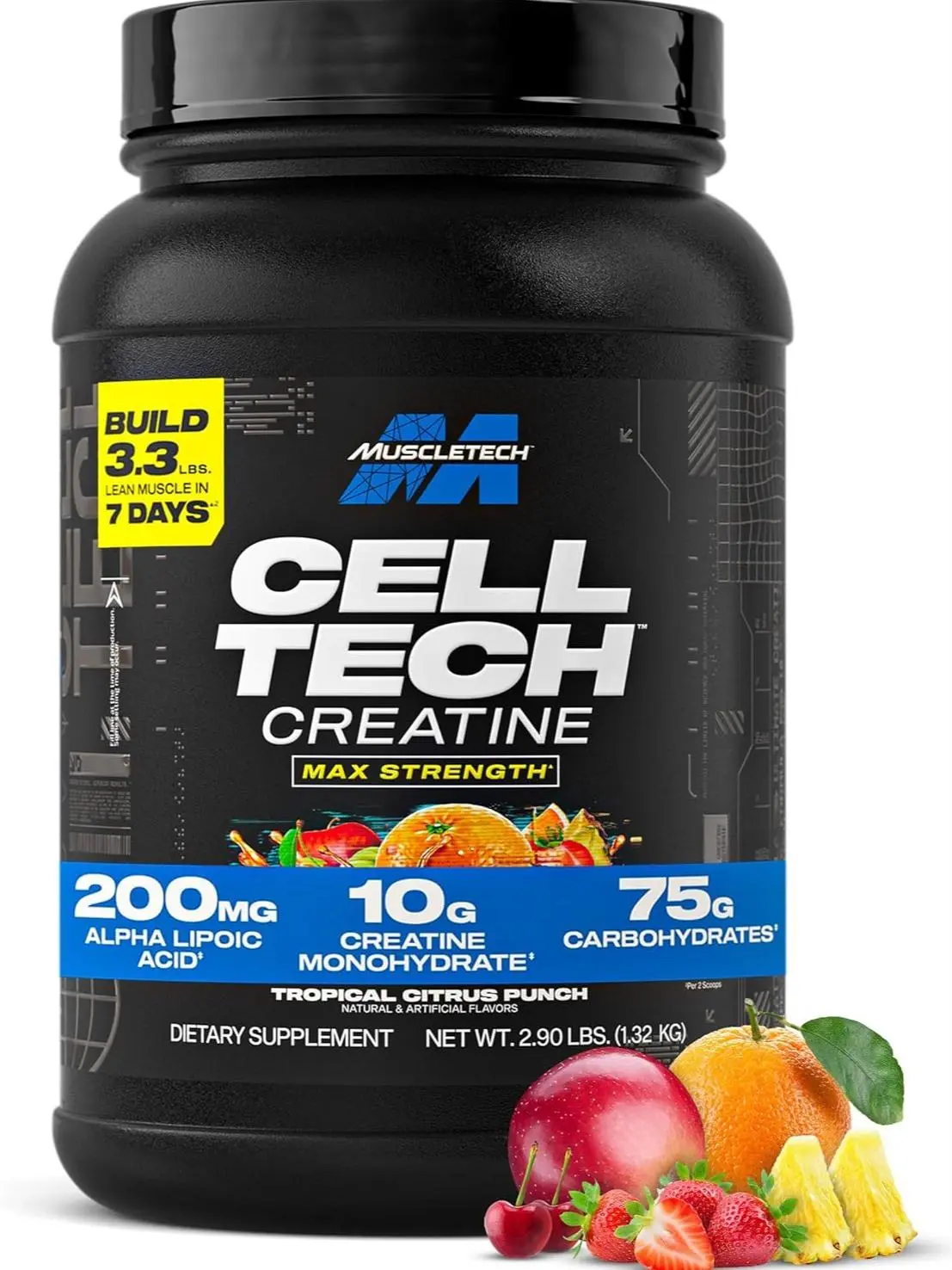 MuscleTech Creatine Monohydrate Powder - Cell-Tech Creatine Powder Post Workout Recovery Drink, Muscle Builder & Musclebuilding Supplement - Tropical Citrus Punch, 3 lbs (27 Serv) - Packaging May Vary