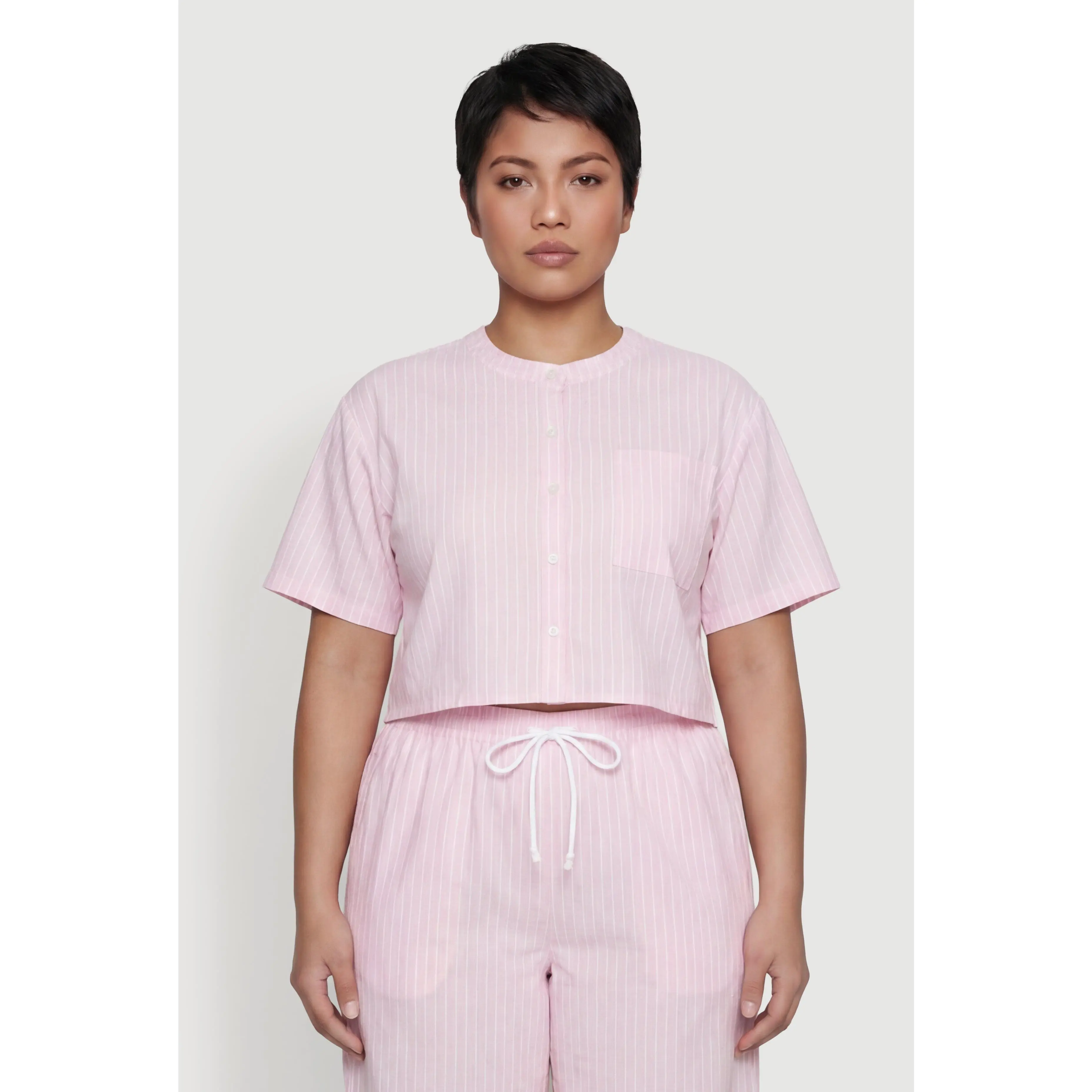 Plus Size Striped Poplin Button Front Short Sleeve Shirt