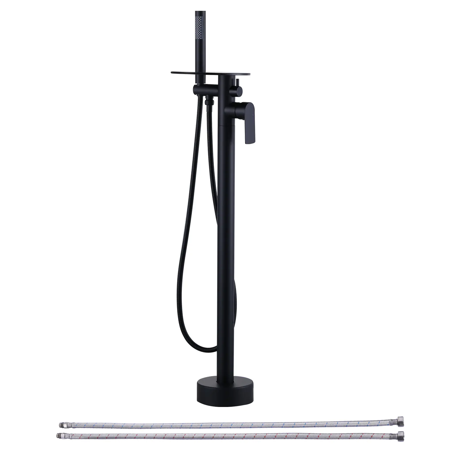 WOWOW Vintage French Country Classic Pure Brass Freestanding Tub Faucet - Floor-Mounted Single-Handle Waterfall Bathing Tap, Flat Spout, Stable Non-Shaking Base, Built-In Water Diverter Hand Shower, Matte Black Anti-Corrosion Finish, Tripod Bracket
