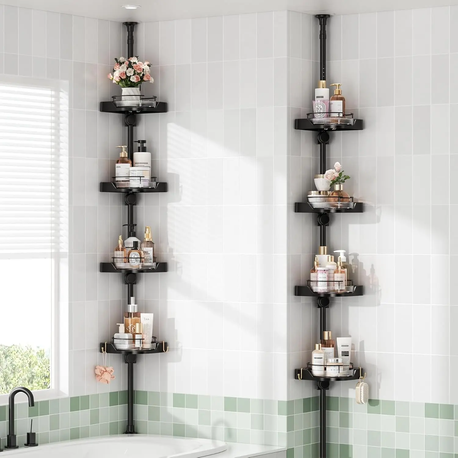 360° Rotating Corner Shower Caddy Tension Pole Organizer - 4-Tier Adjustable Rustproof Metal Pole, Plastic Shelves with Safety Guardrail, Bathroom Accessory for Soap Storage, Easy Installation