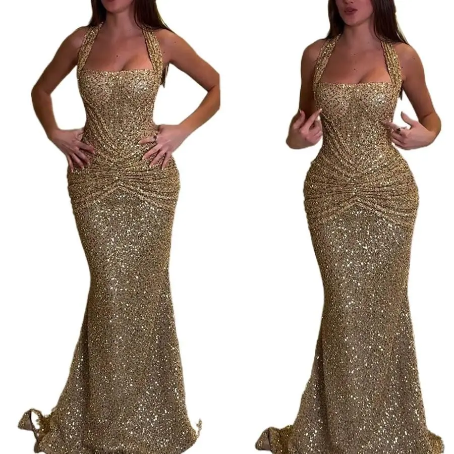 Women's Gold Sequin Halter Formal Dress - Sleeveless High Waist Solid Bodycon Maxi with Slit, Lady's Formal Wear Fabric Cocktail Evening Dress for Spring Summer Wedding Guest Womenswear Elegant Statement