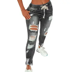 Women's High Waist Ripped Elastic Drawstring Jeans - Trendy Denim Pants, Casual Street Style Skinny Jeans for Daily Wear, Y2K Fashionable & Comfortable Fit, Minimalist Basic Bottoms