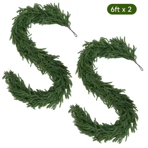 2/4 Pcs 6 Ft Artificial Norfolk Pine Garlands, Real Touch Winter Norfolk Pine Garland, Green Artificial Greenery Pine Garland for Table, Mantle, Wall, Indoor, Outdoor Christmas Decorations (2, 6 FT)