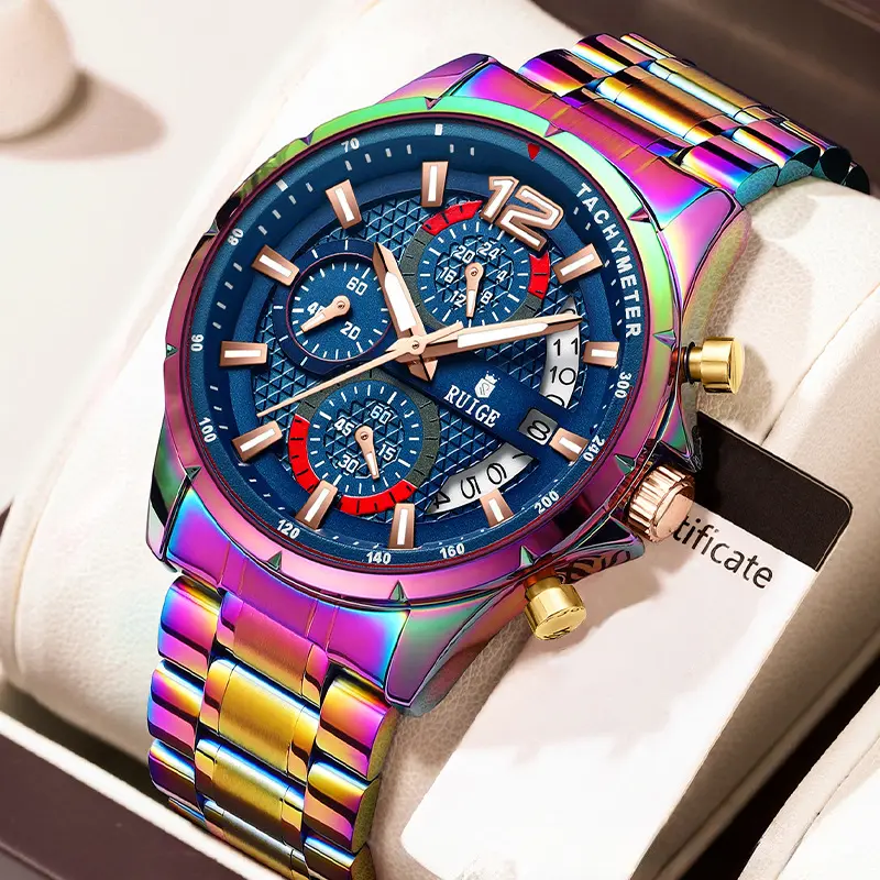 Multifunctional Luxury Men's Watch with Iridescent Dial Original Swiss Movement Unique Calendar Display Sapphire Crystal Stainless Steel Strap Luminous Water-Resistant Features