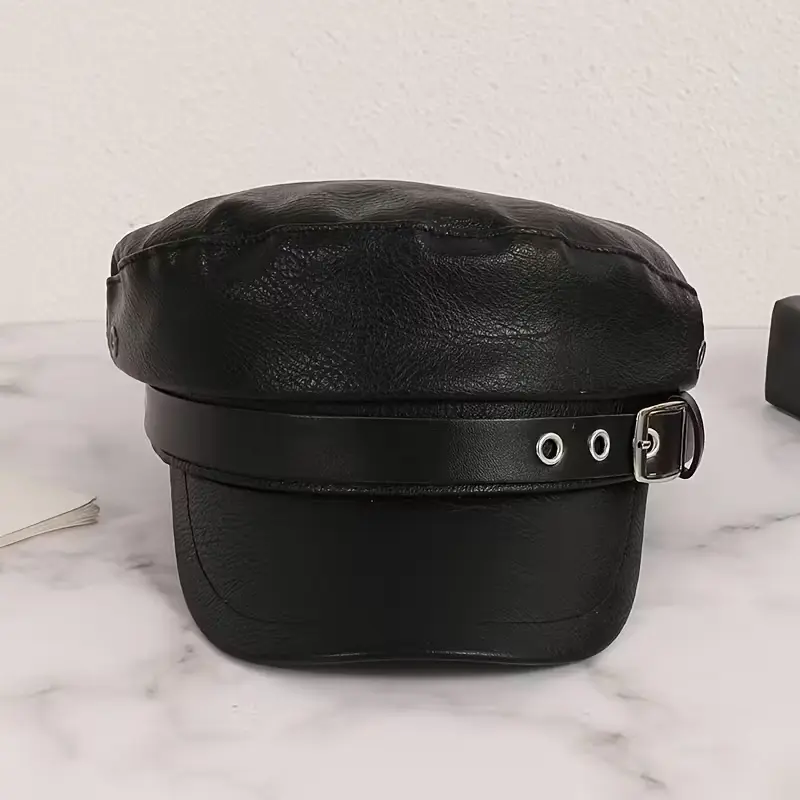Black PU leather navy cap, men's British style buckle baseball cap, fashionable octagonal cap, women's casual leather cap for spring and autumn.