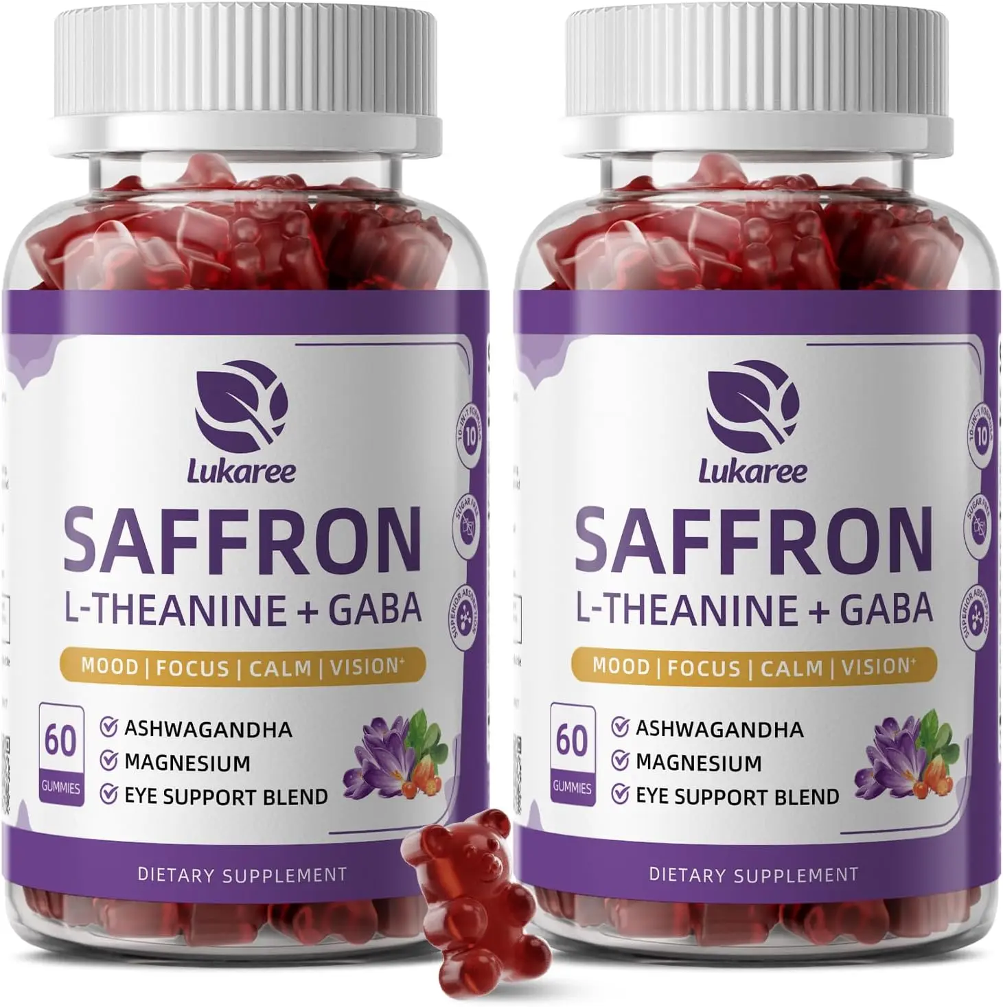 Saffron Gummies 88.5mg with L-Theanine 200mg, GABA for Mood, Focus & Vision | 10-in-1 Supplements for Adults with Ashwagandha, Eye Support Blend, GMP Certified, Sugar Free, Vegan, 60 Day Supply
