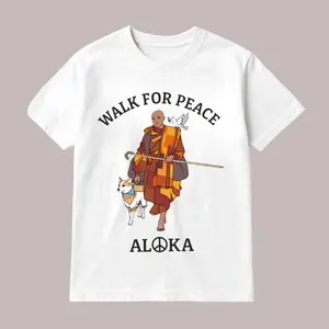 Peace Walking Monk & Aloka Dog Shirt, Minimalist Zen Art T-Shirt, Vintage Pigment Dyed Faded Tee, Unisex Oversized Soft Cotton Aesthetic Wear