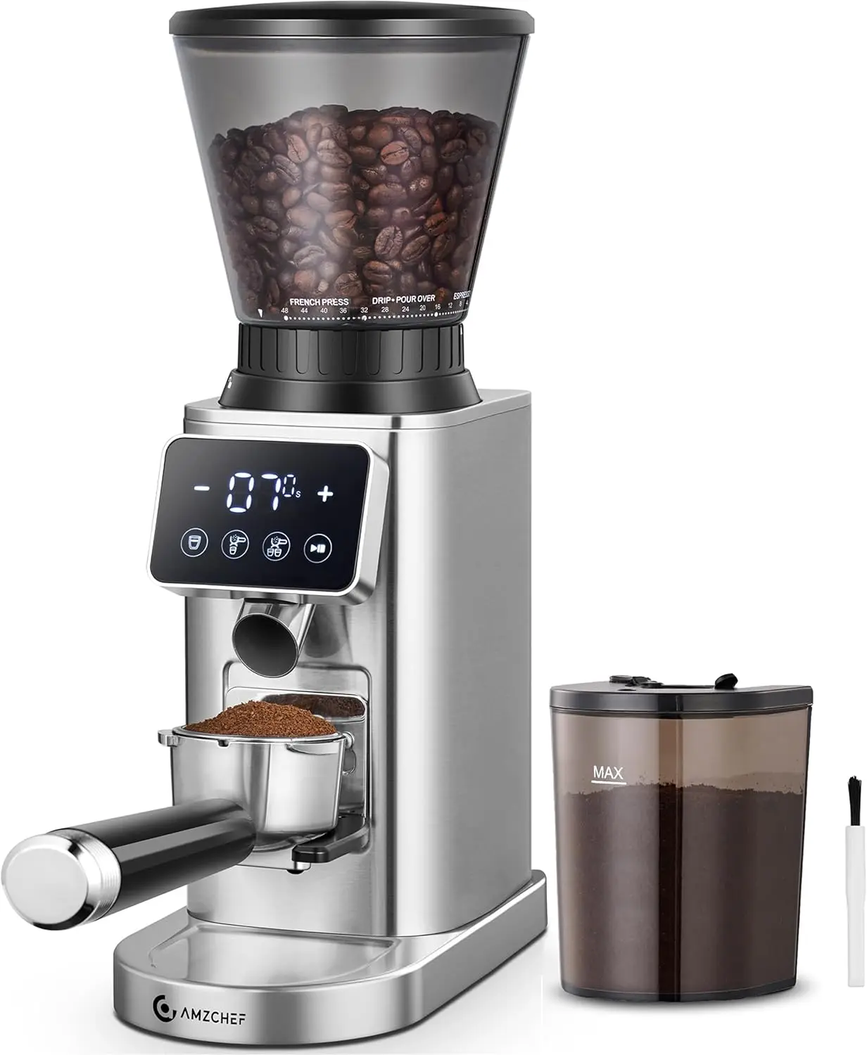 Conical Burr Coffee Grinder, Anti-Static Burr Mill with Precision Timer & LED Touchscreen, 48 Grind Settings, for Espresso, Drip, Pour Over, Cold Brew & French Press, Metallic Silver