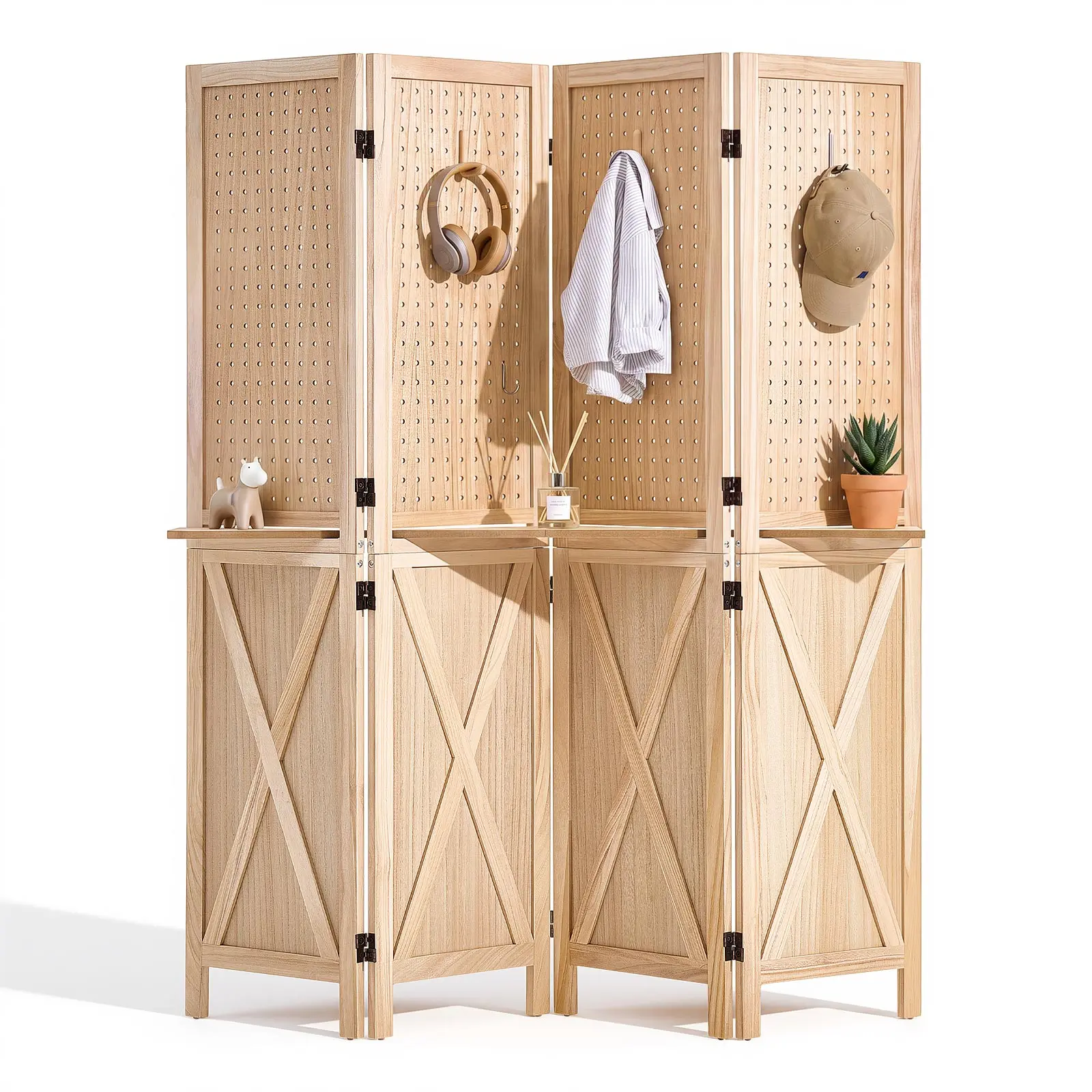 VEVOR Wood Room Divider Pegboard Wood Folding Privacy Screen with Shelves, For Room Separation & Home Decor, 4 Panels, Solid Frame with X Pattern, 360° Two-Way Hinges, Wooden Partition with Hardware