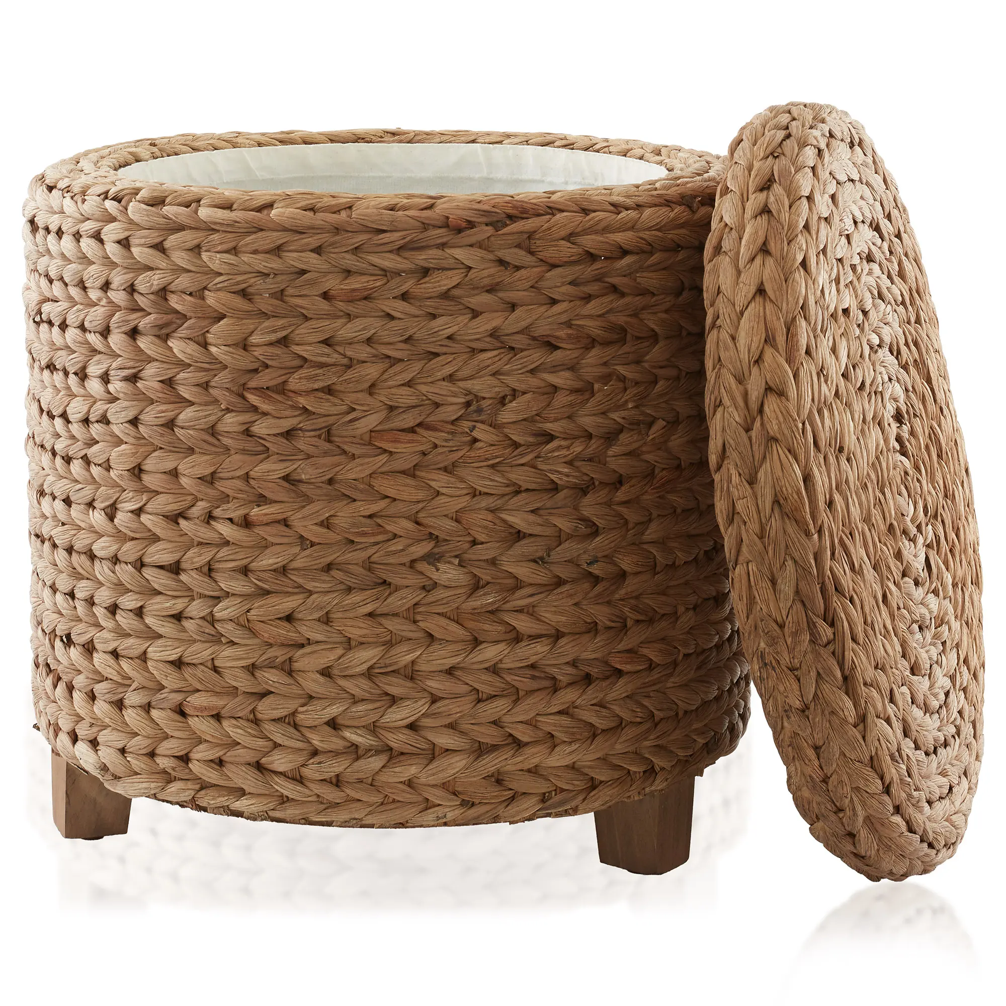 Casafield 17" Round Storage Ottoman with Lid, Cinnamon Water Hyacinth, Woven Wicker Footstool for Living Room, Bedroom, Bathroom, Home Office