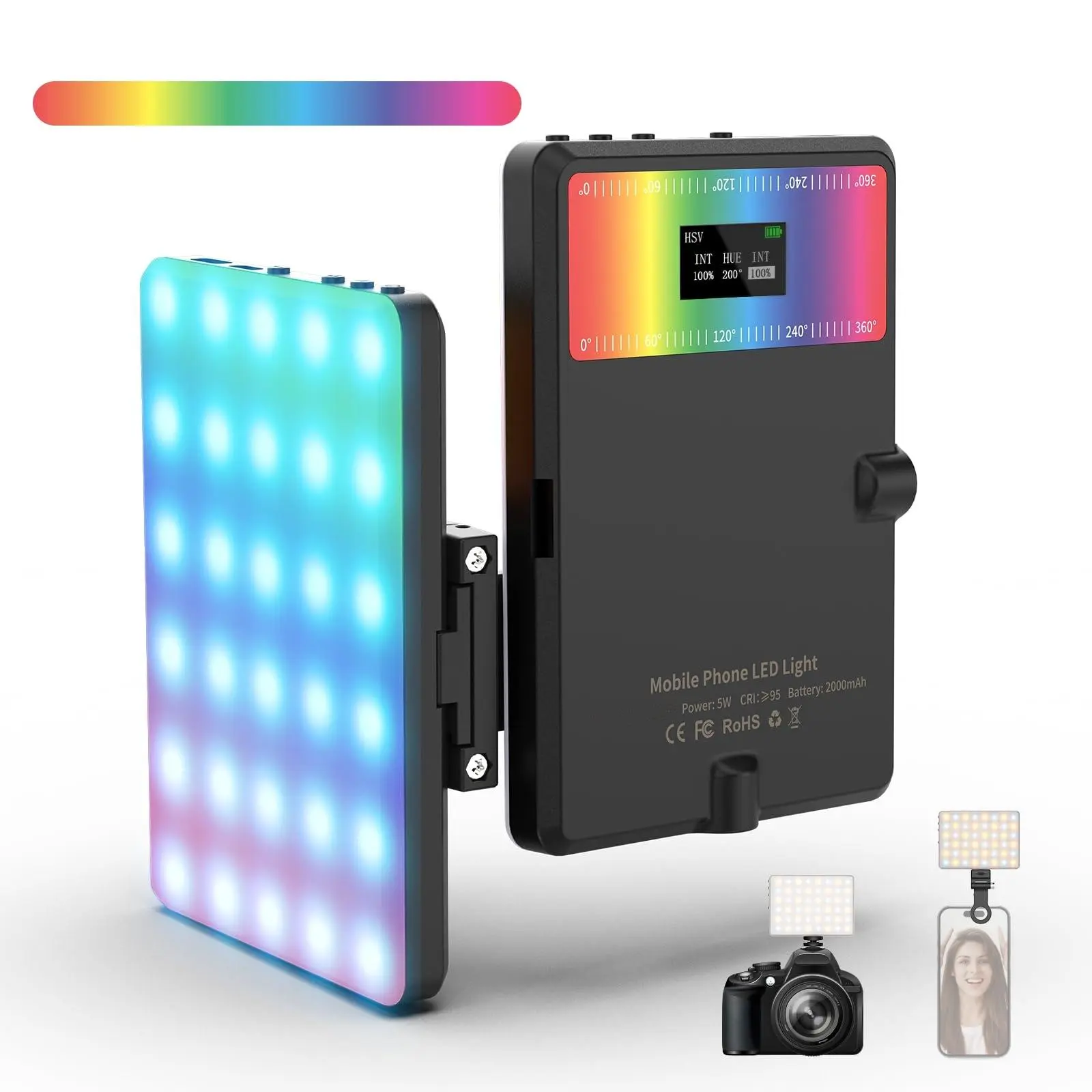 RGB Selfie Light for Camera, 360° Full Color Phone LED Light, 2000mAH Photography Lighting with Clip and Cold Shoe for Phone/Laptop/Camera, Video Light for Selfie/Makeup, Camera Fill Light, Rechargeable Lighting, Birthday Gifts