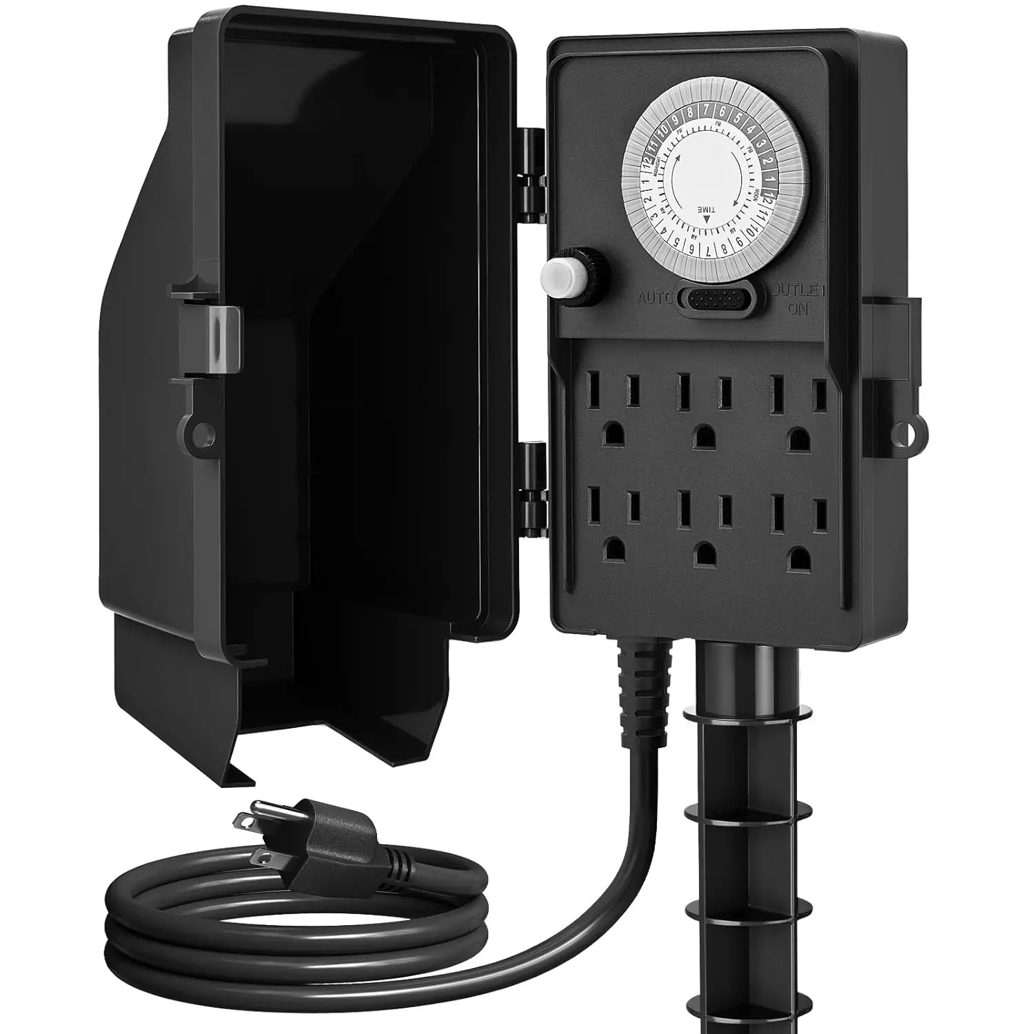 SURAIELEC Outdoor Power Stake, 24-Hour Mechanical Light Timer, Electrical Power Strip Weatherproof, 6FT Extension Cord Multiple Outlets Plug for Patio Lights, Halloween Decorations. Outdoor Light
