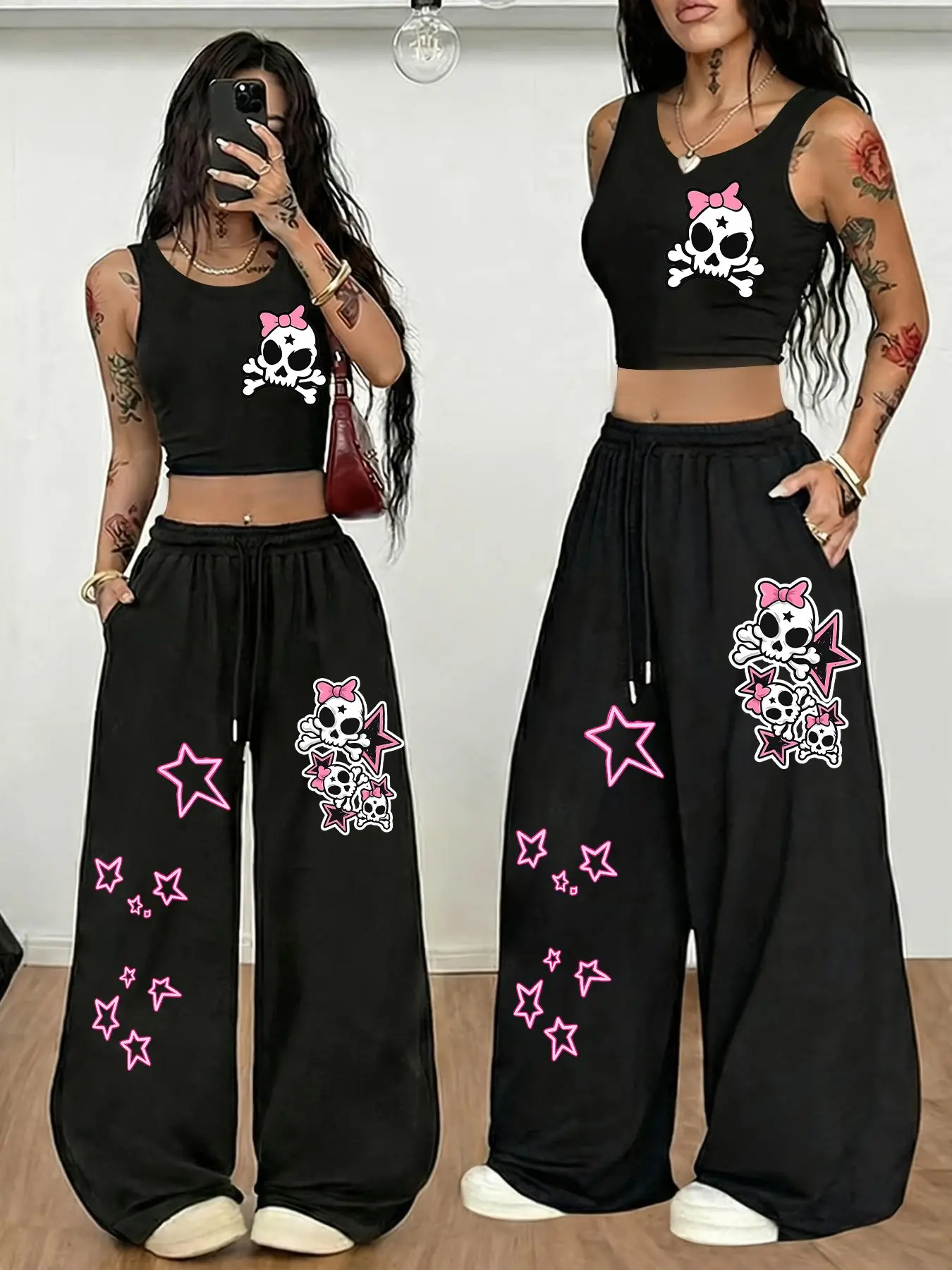 Y2K Sweet Cool Lolita Two-Piece Set Summer, Bow Skull Star Print Crop Top & Wide Leg Pants, Casual Slim-Fitting Clothes, Go Out Sets