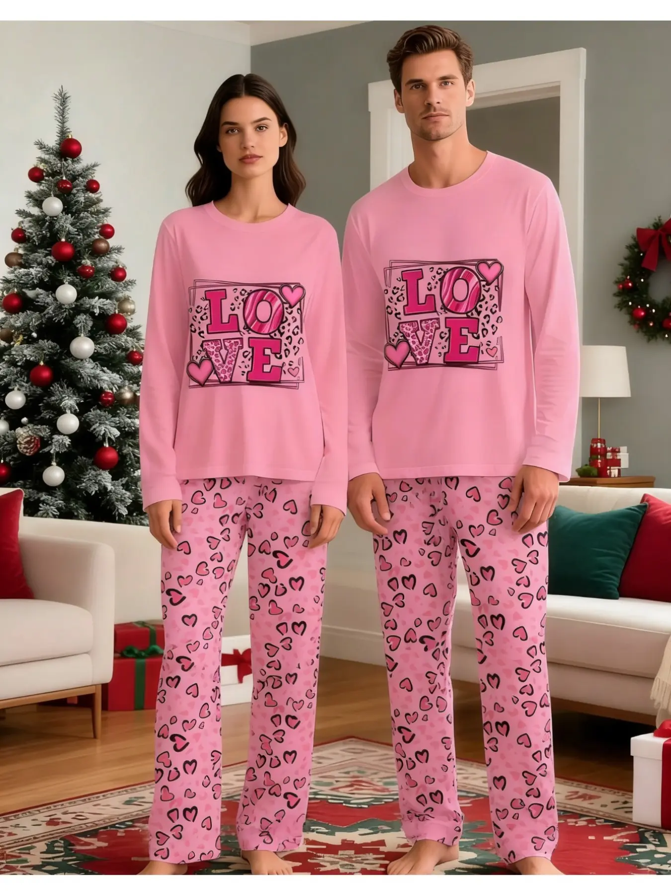 Male and female couples pajamas set - LOVE leopard print love print Valentine's Day couples set, soft long-sleeved trousers pajamas, suitable for Valentine's Day dating/holiday home, machine washable couples pajamas set