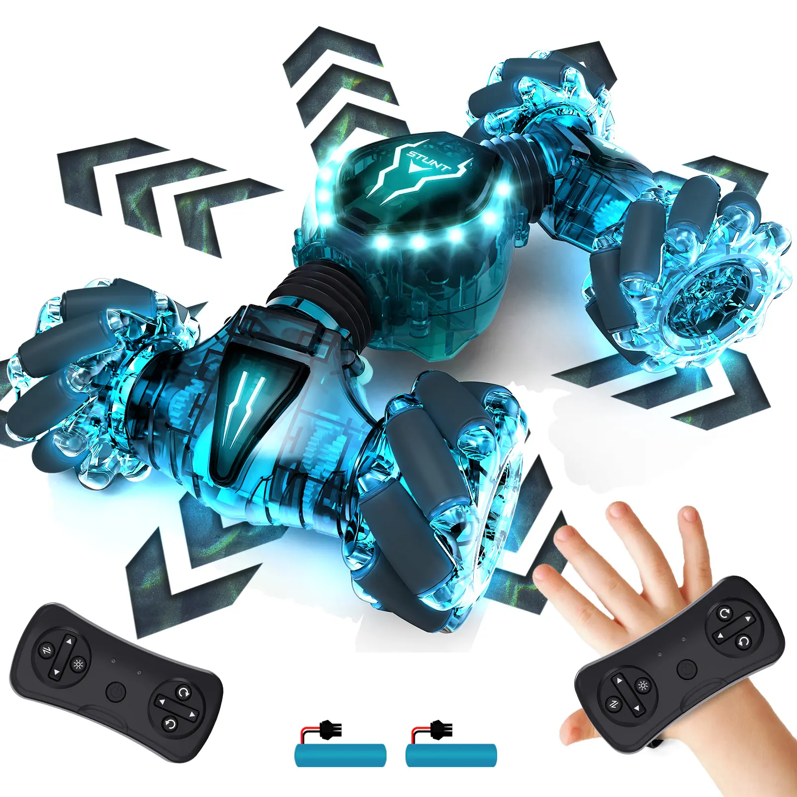 Tecnock 2 Controllers 2.4GHz Gesture Sensing Remote Control Stunt Car Toy with 360° Rotation, Light, and Regulator for Parent-Child Activities