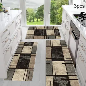 Plaid Kitchen Rug Set of 3, Non-Slip Comfortable Mats, Kitchen Floor Mat, Farmhouse Chef Rugs for Kitchen Sink Laundry Room Geometric Pattern Rug