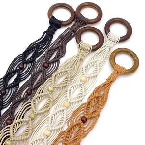 Bohemian woven belt, vintage ethnic style woven belt, brown wooden bead wax rope knotted belt for men and women Boho Braided Belts Exquisite Belt