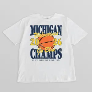 2026 Men's Basketball National Champs Michigan NCAA Final Four Printed Tee Pure Cotton Fabric Casual Streetwear Crew Neck Short Sleeve T-Shirt Trendy Tops for Women for Men, Perfect Gift
