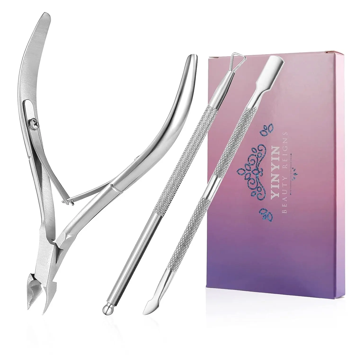 YINYIN Professional Stainless Steel Cuticle Trimmer Set, with Cuticle Pusher and Cutter - Durable Nail Care Manicure & Pedicure Tool for Fingernails, Toenails (Pink), Nail Tech Supplies, Affordable Yet Pro-Level Quality, Cruelty-Free