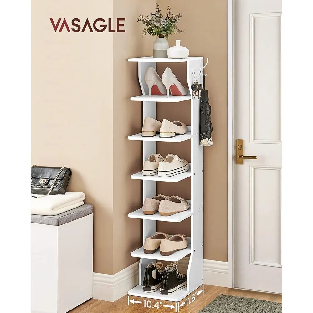 VASAGLE 7-Tier Vertical Shoe Rack Organizer with Hooks, Slim Space-Saving Design for Entryway, Bedroom Use