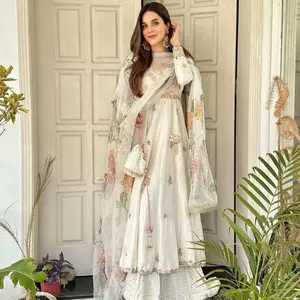 Traditional Chinon Sequin Embroidered Anarkali Gown Palazzo with Dupatta – Off White Indian Wedding & Festive Wear for Women