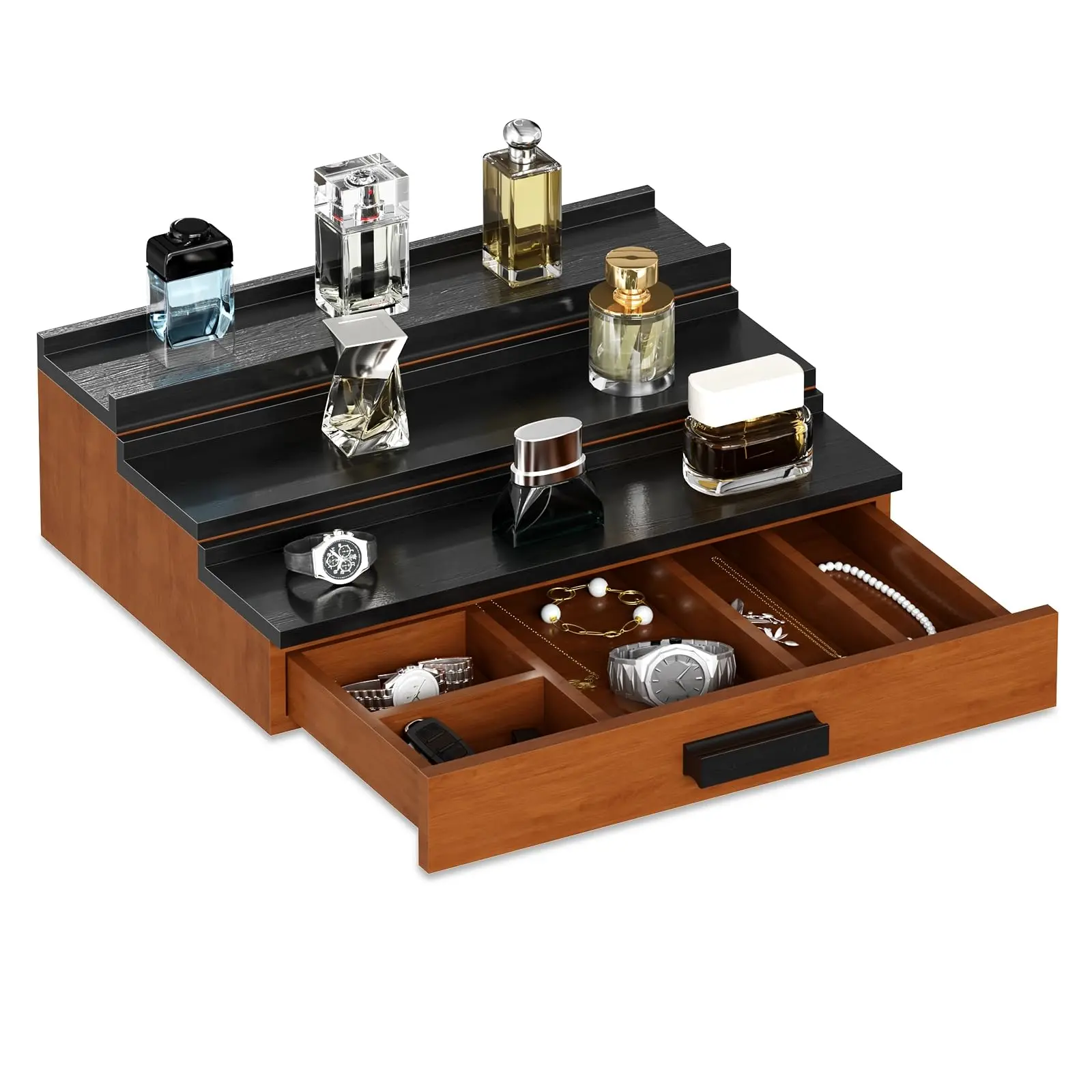 Garvee Cologne Organizer for Men, Wooden Perfume Organizer with Drawer Storage and Hidden Compartment, 3-Tier Black Fragrance Display Risers, Valentine's Day Gifts, Birthday Gifts