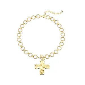 TEWIKY 14K Gold-Plated O-Ring Chain with Smooth Wrinkled Large Cross OT Clasp Extension Necklace Elegant Design for Various Occasions Easter Gift