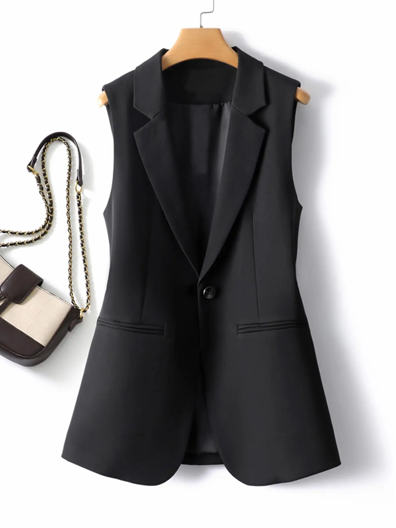 Women's Solid Button Lapel Vest Blazer, Elegant Formal Fashion Sleeveless Outerwear for Work Office Business, Ladies Spring & Fall Clothes, Plain Color Waistcoat
