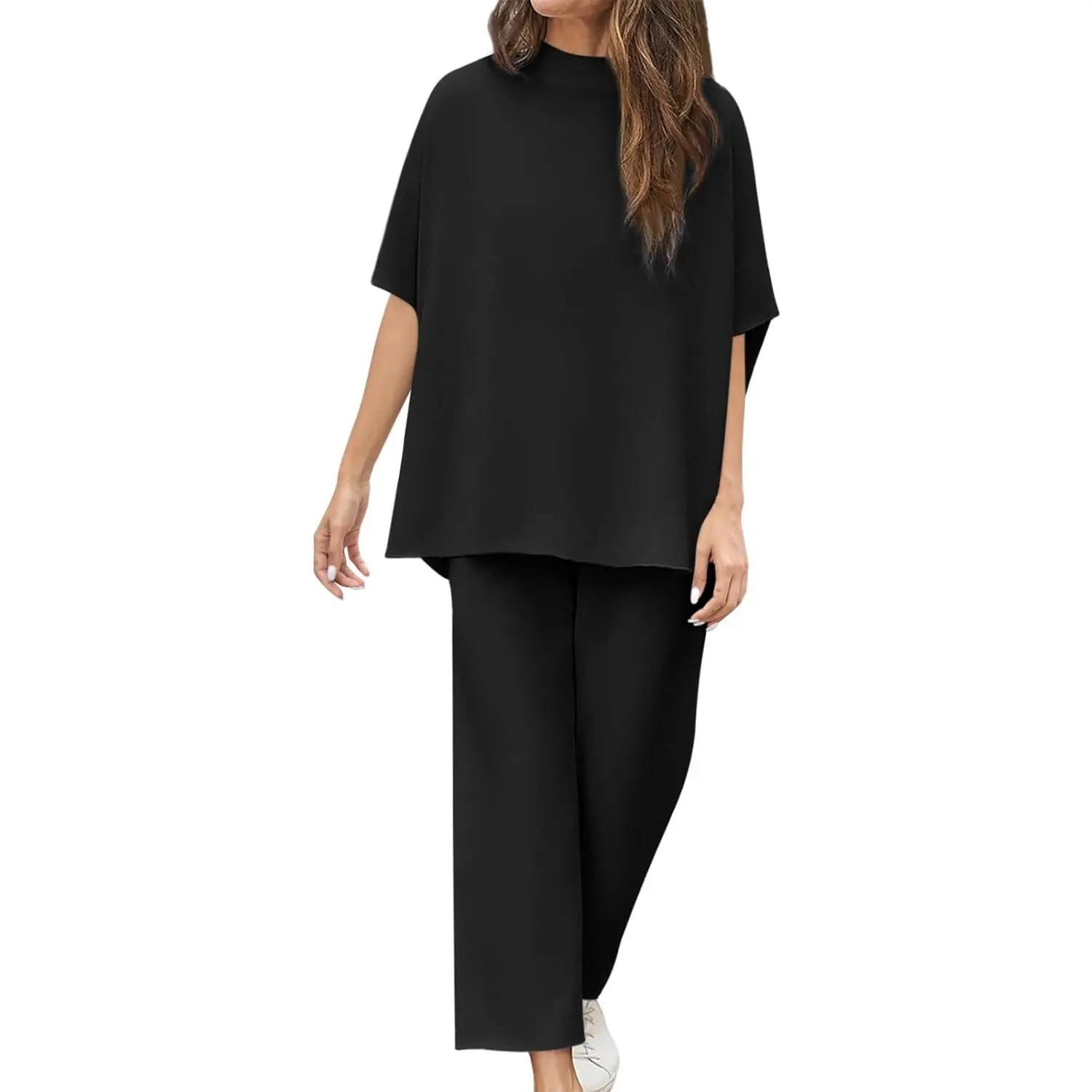 Imily Bela Women's Two Piece Outfits Crew Neck Pullover Tops 3/4 Batwing Sleeve Capelet Wide Leg Pants Casual Lounge Set