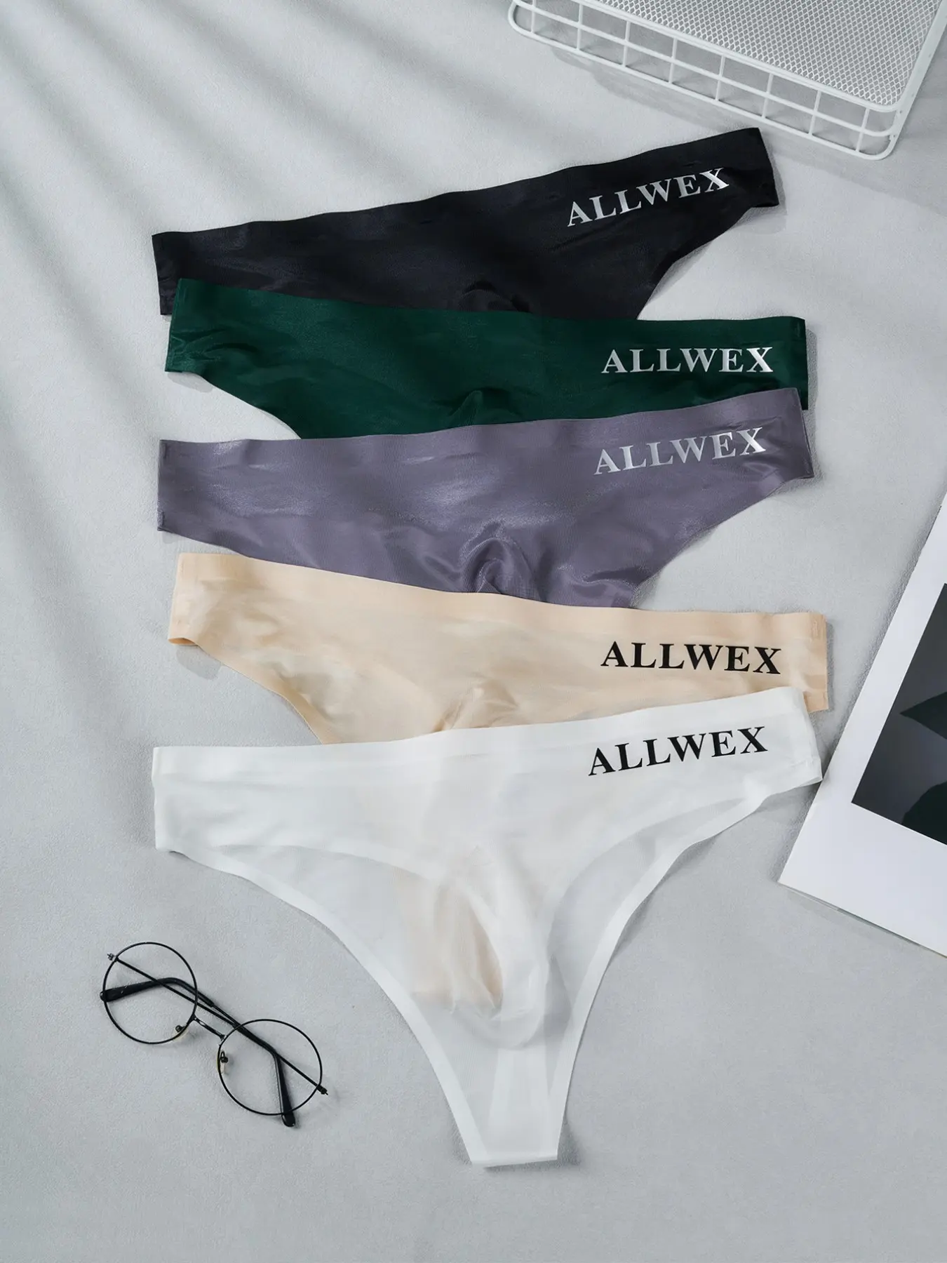 5 Pack Men's High Elastic Low Waist 3D Thong, Ice Silk Seamless Design, Sexy Letter Print Underwear, Breathable Soft Underwear
