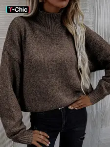 Women's Solid Drop Shoulder Loose High Neck Sweater, Casual Style Long Sleeve Jumper for Fall & Winter, Fashion Ladies' Knitwear for Daily Wear, Tops