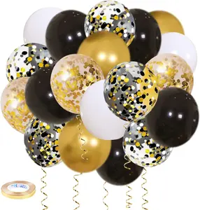 Black Gold Confetti Balloons 50 Pack - 12 Inch Gold White & Black Balloons with Ribbons for Graduation Birthday Wedding Party Decorations