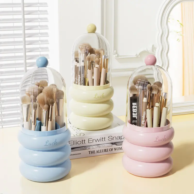 360° Rotating Makeup Organizer with Clear Dustproof Lid – Rabbit Ear Design, Multi-Layer Storage for Brushes, Lipsticks, and Skincare, Polished Finish, Countertop Vanity Organizer