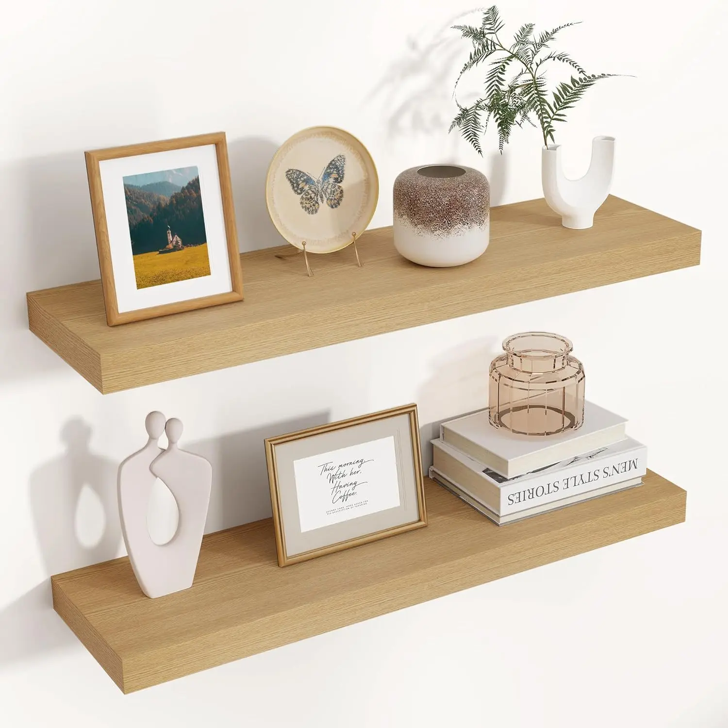 Wall Mounted Acrylic Shelves ,2 Pack  Floating Shelves for Wall, Modern Wooden Wall Mounted Storage Ledge, Display Bookshelf for Living Room, Bedroom, Bathroom & Kitchen Decor, Easy Installation - Oak/Brown/Black