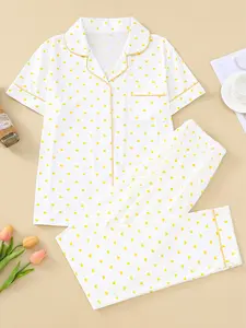 Women's Sleepwear Set, Heart Pattern, Elegant Casual, Comfortable Lapel Short Sleeve Top & Wide Leg Pants, Holiday Party Wear