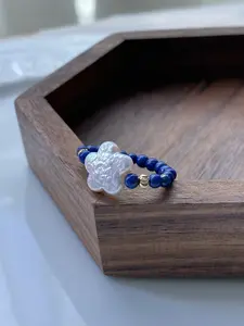 Baroque Daisy Flower Lapis Lazuli Brand Ring | Elastic Stretch Stacking Ring