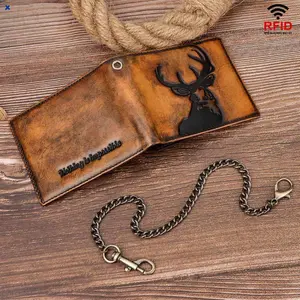 RFID Blocking Leather Wallet Men Vintage Deer Head Bifold with Metal Chain Anti-Theft Secure Wallet Gift for Valentine's Christmas Card Holder with ID Window